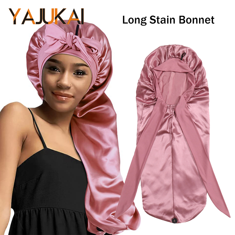 Satin Hair Bonnet - 1 ชิ้น Bonnets สําหรับผู้หญิงสีดํา 76 เซนติเมตรยาวซาตินสําหรับ