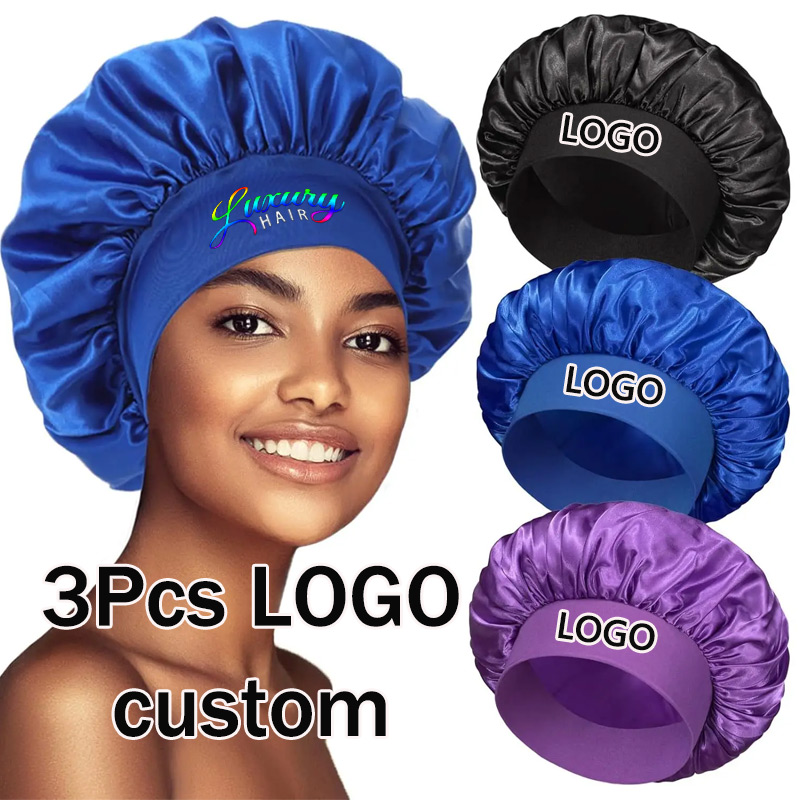 Satin Hair Bonnet - หมวกคลุมผมผ้าซาตินเนื้อนุ่ม 3 แพ็ค หมวกคลุมผมสำหรับนอนหลับตลอดคืน หมวกคลุมผมปักโลโก้ส่วนตัว อุปกรณ์ป้องกันเส้นผมสำหรับผู้หญิง