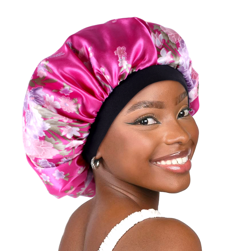 Satin Hair Bonnet - ผู้หญิงซาติน Bonnet ยืดหยุ่นวงกว้างดอกไม้พิมพ์ Night Sleep หมวกผมร่วง