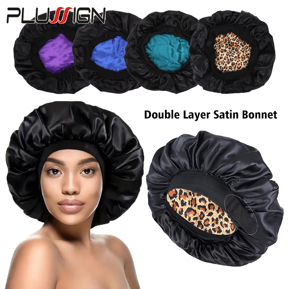 Satin Hair Bonnet - หมวกคลุมผมผ้าซาตินสองชั้นแบบกลับด้านได้ 1 ชิ้น สำหรับผู้หญิง หมวกคลุมผมผ้าซาตินแบบปรับได้สำหรับผมหยิก หมวกดูแลเส้นผมสำหรับนอน