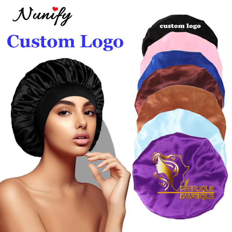 Satin Hair Bonnet - หมวกซาตินปักโลโก้ตามสั่ง 10 ชิ้น พร้อมแถบคาดศีรษะกว้าง 6 ซม.