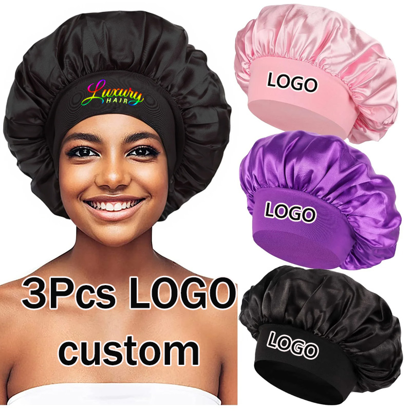 Satin Hair Bonnet - หมวกไหมซาตินพิมพ์ลายโลโก้ 3 ชิ้น พร้อมแถบยางยืดปรับได้ สำหรับผมหยิก หมวกคลุมผมสำหรับนอน